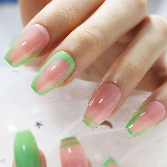Press On Nails Pink Glossy Coffin Green Nail Kit