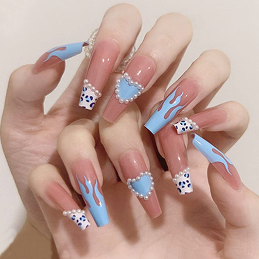 Press On Nails Pink Glossy French Leopard Coffin Heart Nail Kit