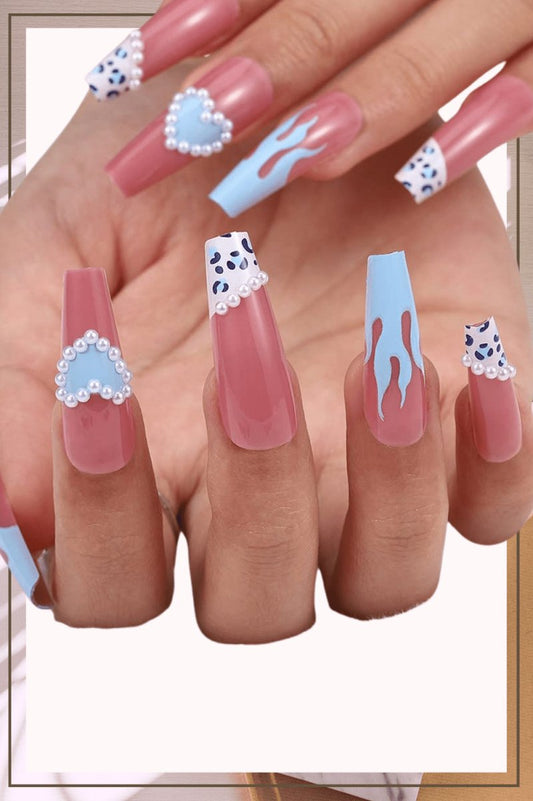 Press On Nails Pink Glossy French Leopard Coffin Heart Nail Kit