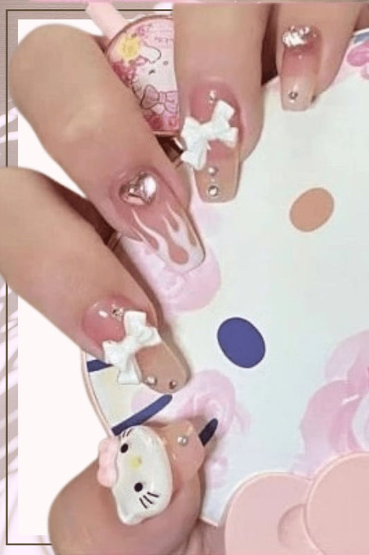 Press On Nails Pink Glossy French Tip Coffin White Flame Nail Kit