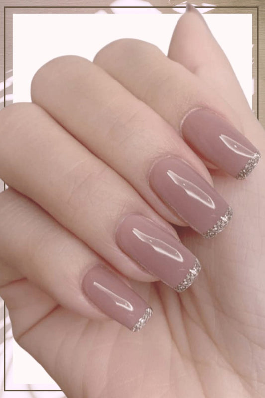 Press On Nails Pink Glossy Silver French Square Glitter Nail Kit