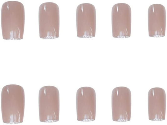 Press On Nails Pink Glossy Silver French Square Glitter Nail Kit