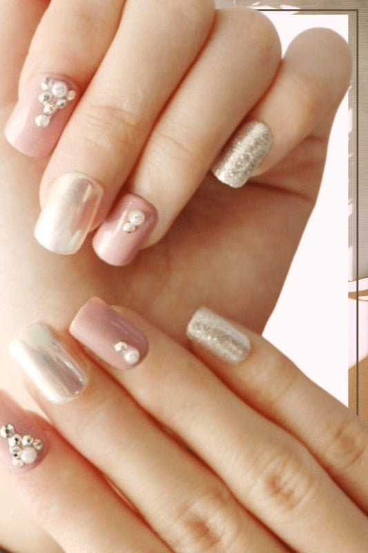 Press On Nails Pink Glossy Silver Square Crystal Nail Kit