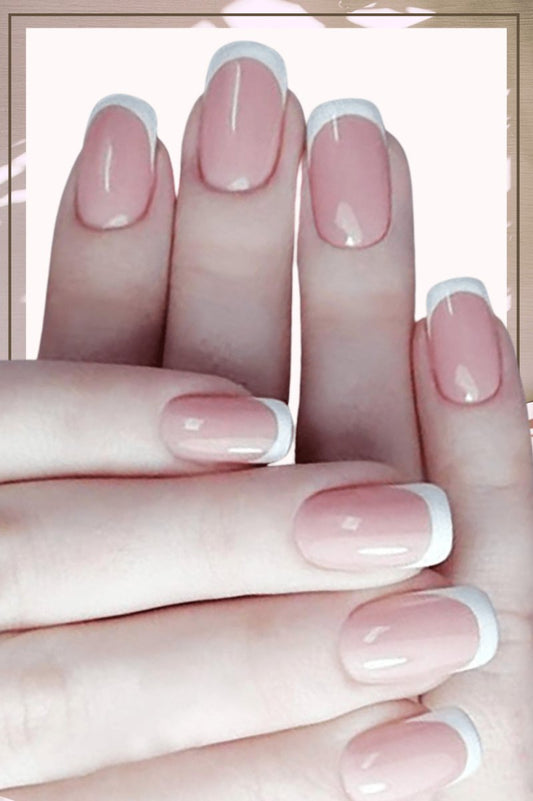 Press On Nails Pink Glossy White French Square Nail Kit