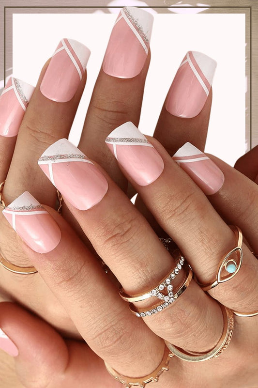 Press On Nails Pink Glossy White French Tip Coffin Glitter Nail Kit