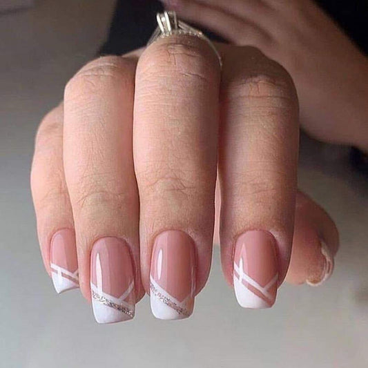 Press On Nails Pink Glossy White French Tip Coffin Glitter Nail Kit