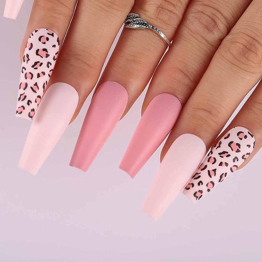 Press On Nails Pink Matte Coffin Leopard Nail Kit