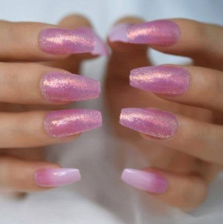 Press On Nails Pink Ombre Glossy Coffin Glitter Nail Kit