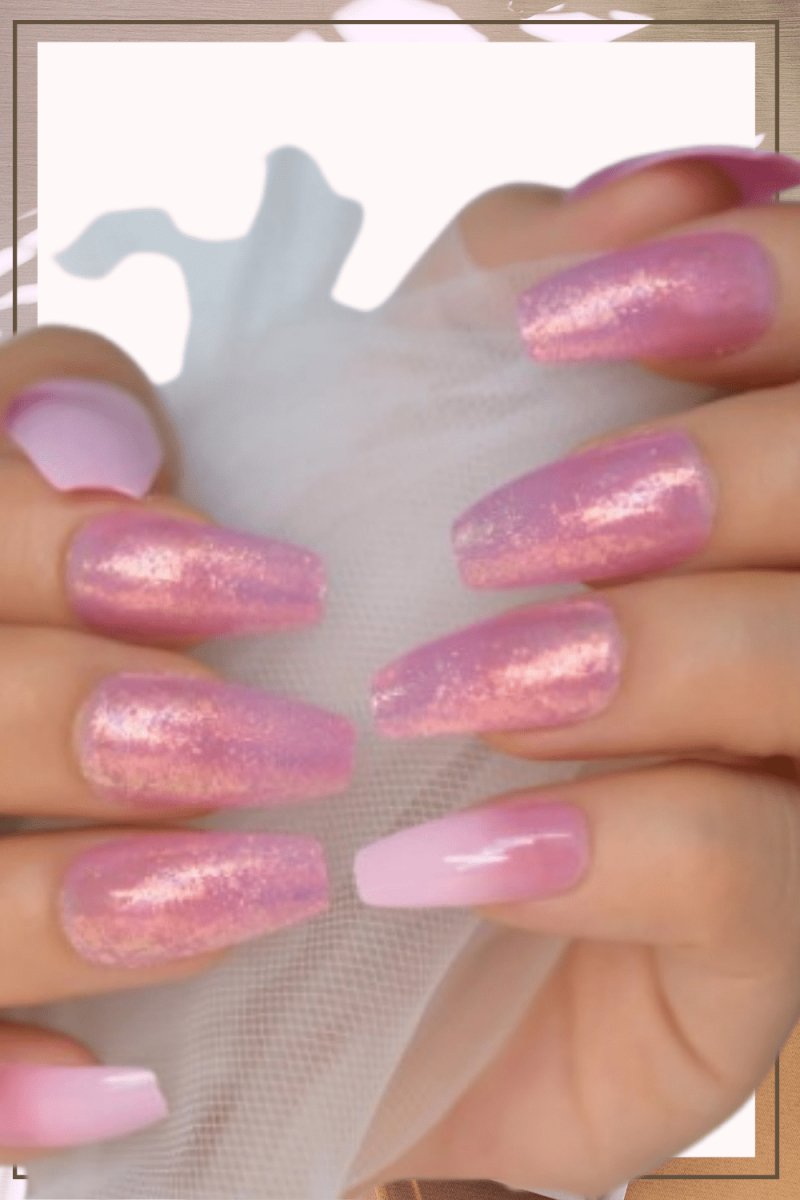 Press On Nails Pink Ombre Glossy Coffin Glitter Nail Kit