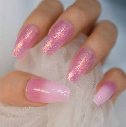 Press On Nails Pink Ombre Glossy Coffin Glitter Nail Kit