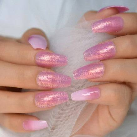 Press On Nails Pink Ombre Glossy Coffin Glitter Nail Kit