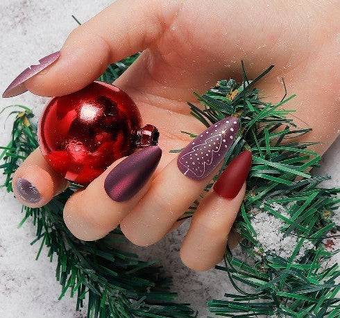 Press On Nails Purple And Red Matte Almond Christmas Tree Nail Kit