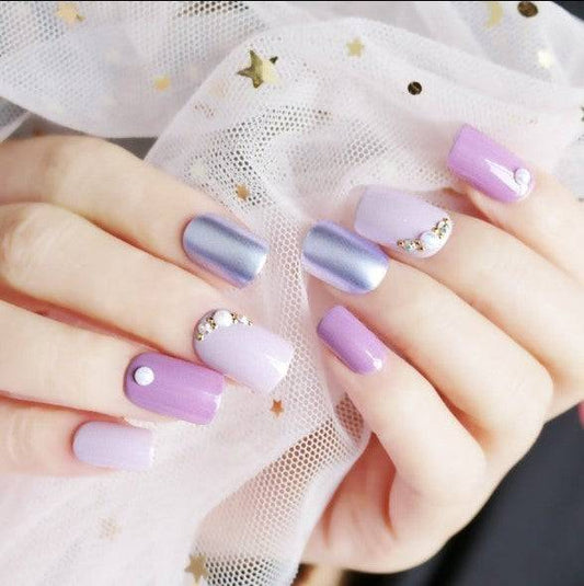 Press On Nails Purple Glossy Silver Square Crystal Nail Kit