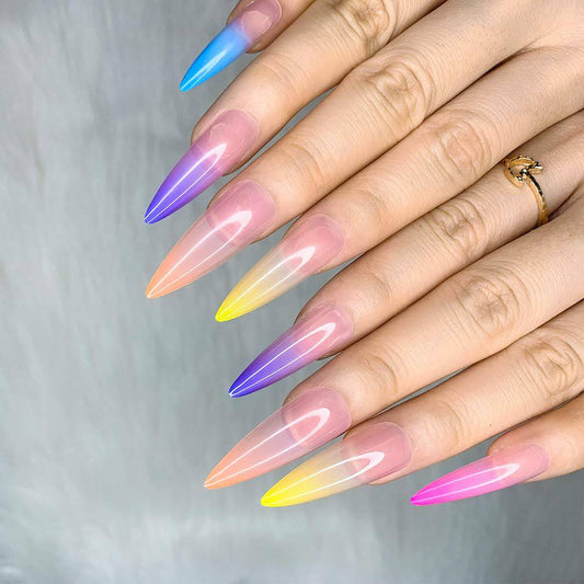 Press On Nails Rainbow Glossy Ombre Almond Tip Nail Kit