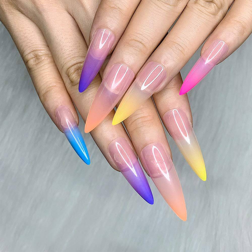 Press On Nails Rainbow Glossy Ombre Almond Tip Nail Kit