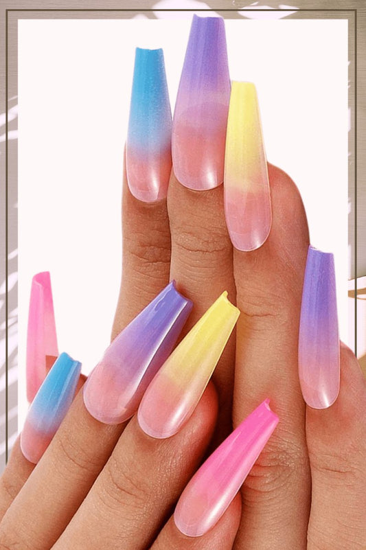 Press On Nails Rainbow Glossy Ombre Coffin Tip Nail Kit