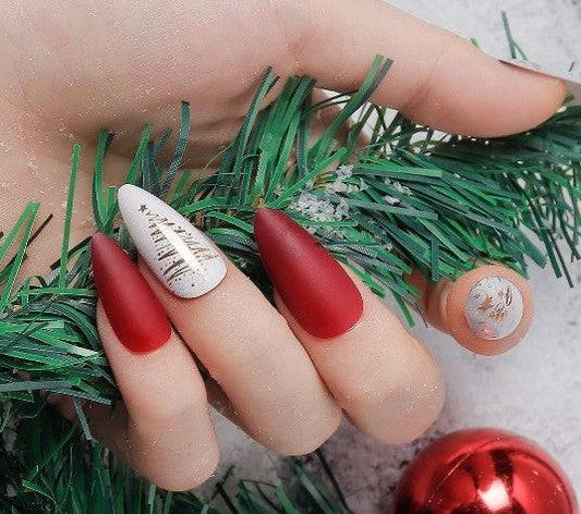 Press On Nails Red And White Matte Almond Christmas Tree Nail Kit