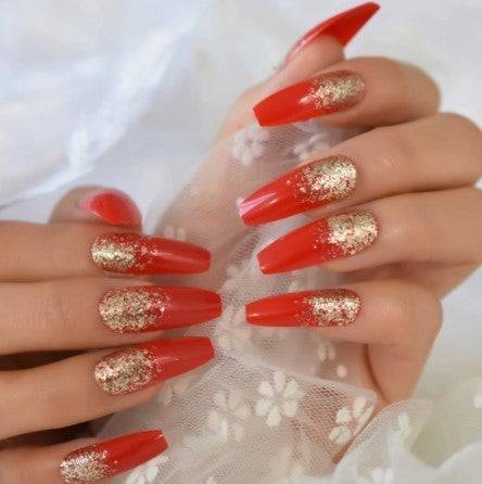 Press On Nails Red Glossy Coffin Gold Glitter Nail Kit