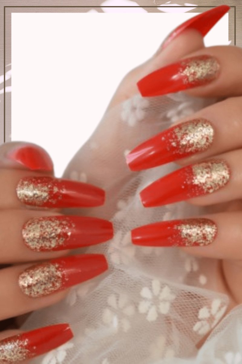 Press On Nails Red Glossy Coffin Gold Glitter Nail Kit