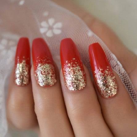 Press On Nails Red Glossy Coffin Gold Glitter Nail Kit