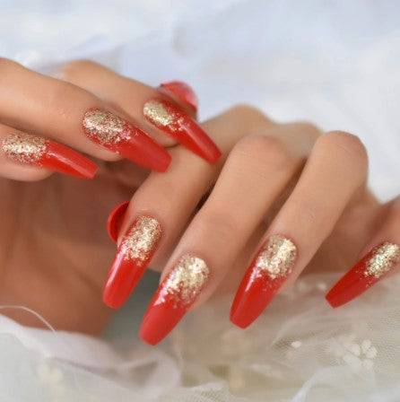 Press On Nails Red Glossy Coffin Gold Glitter Nail Kit