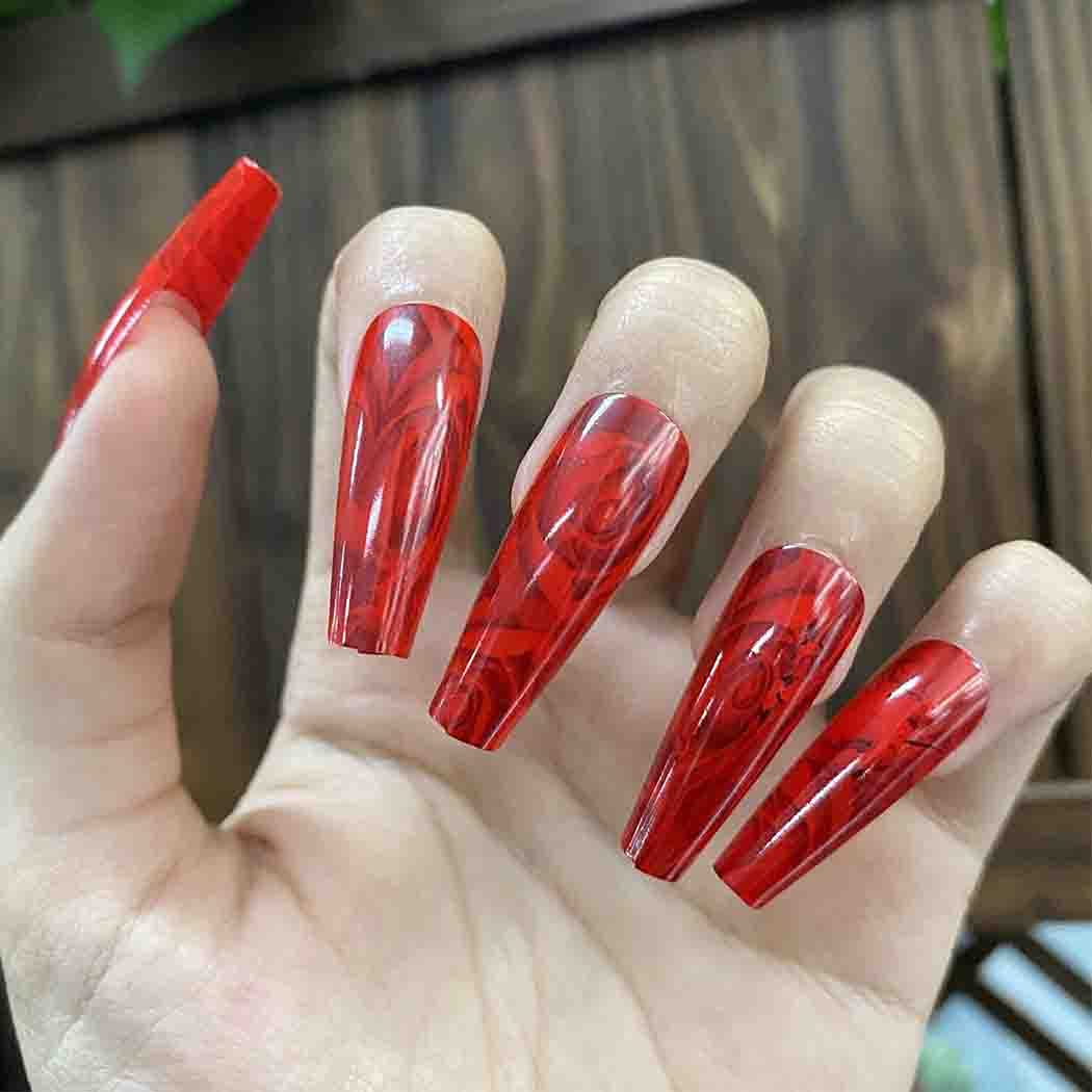 Press On Nails Red Glossy Coffin Rose Nail Kit