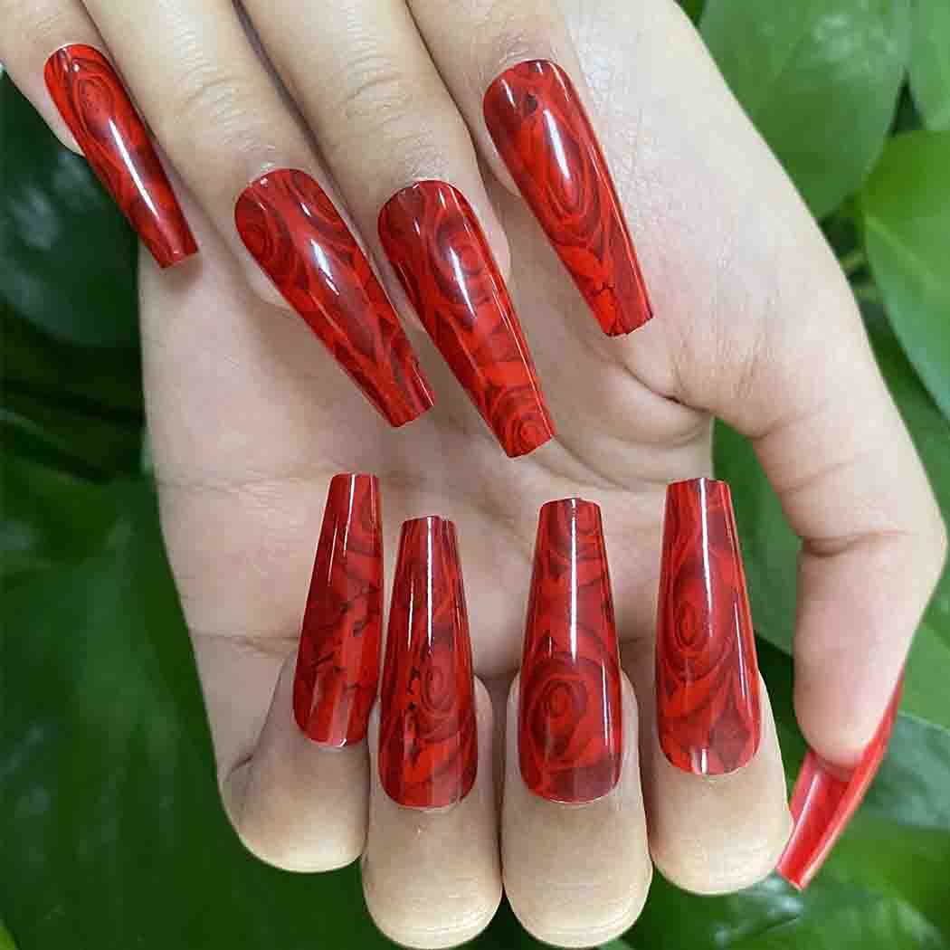 Press On Nails Red Glossy Coffin Rose Nail Kit