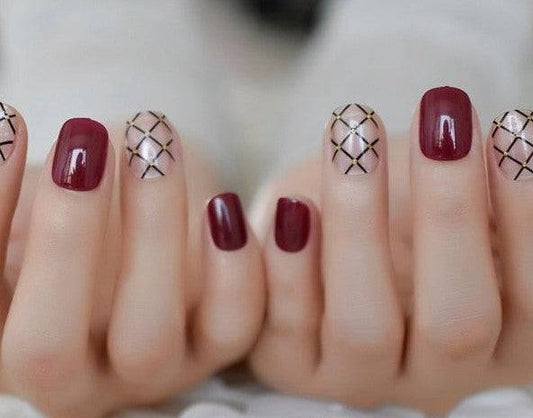 Press On Nails Red Glossy Round Gold Nail Kit