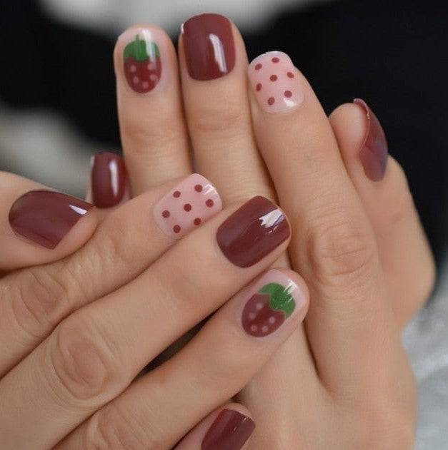 Press On Nails Red Glossy Round Strawberry Nail Kit