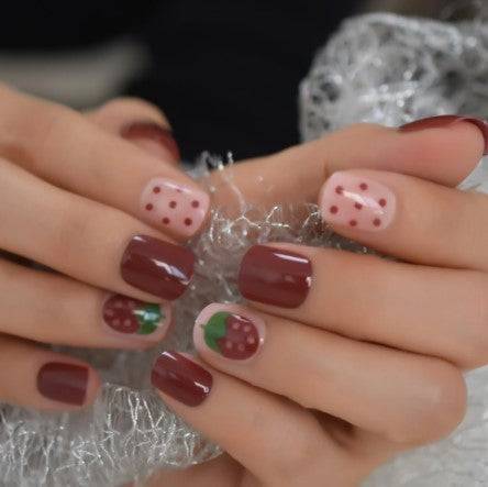 Press On Nails Red Glossy Round Strawberry Nail Kit