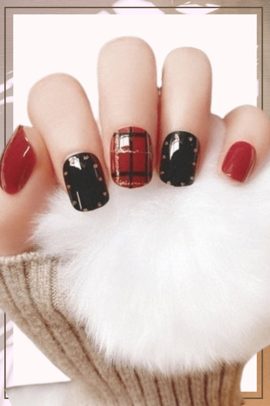 Press On Nails Red Glossy Square Black Nail Kit