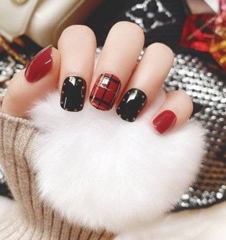 Press On Nails Red Glossy Square Black Nail Kit