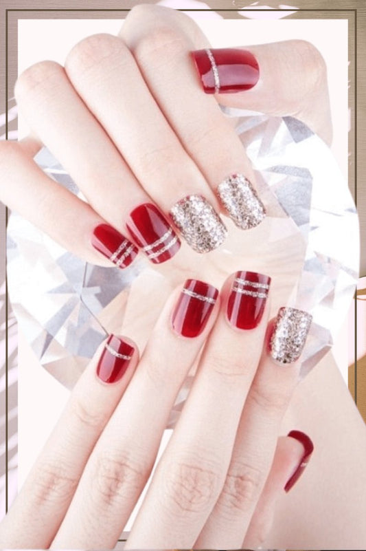 Press On Nails Red Glossy Square Silver Nail Kit