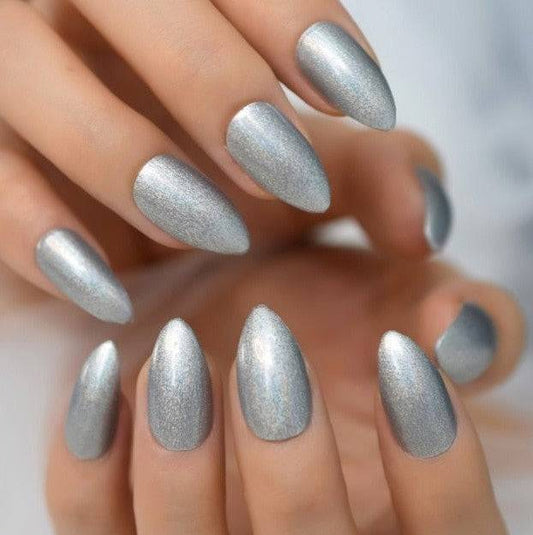 Press On Nails Silver Glossy Almond Shimmer Nail Kit