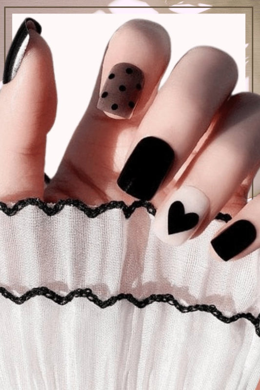 Press On Nails White And Black Glossy Square Heart Nail Kit