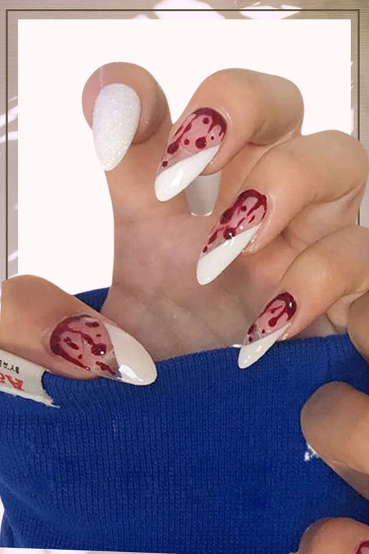 Press On Nails White French Glossy Almond Blood Dripping Nail Kit