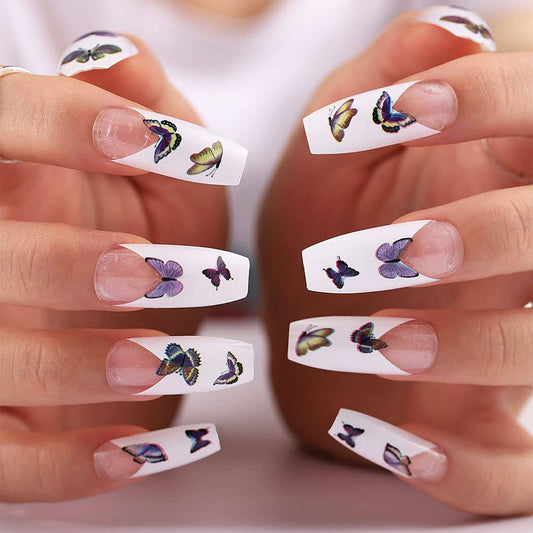 Press On Nails White Glossy French Coffin Butterfly Nail Kit