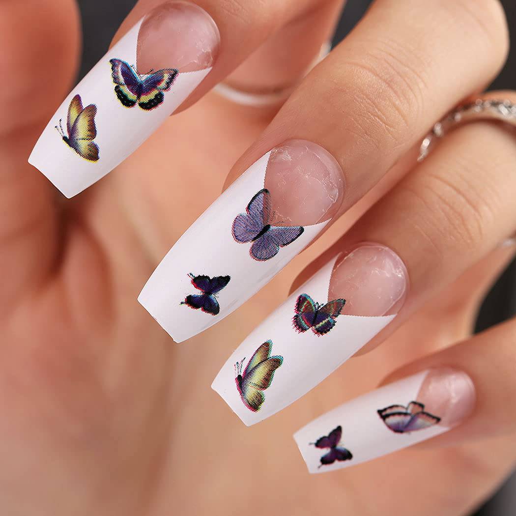Press On Nails White Glossy French Coffin Butterfly Nail Kit