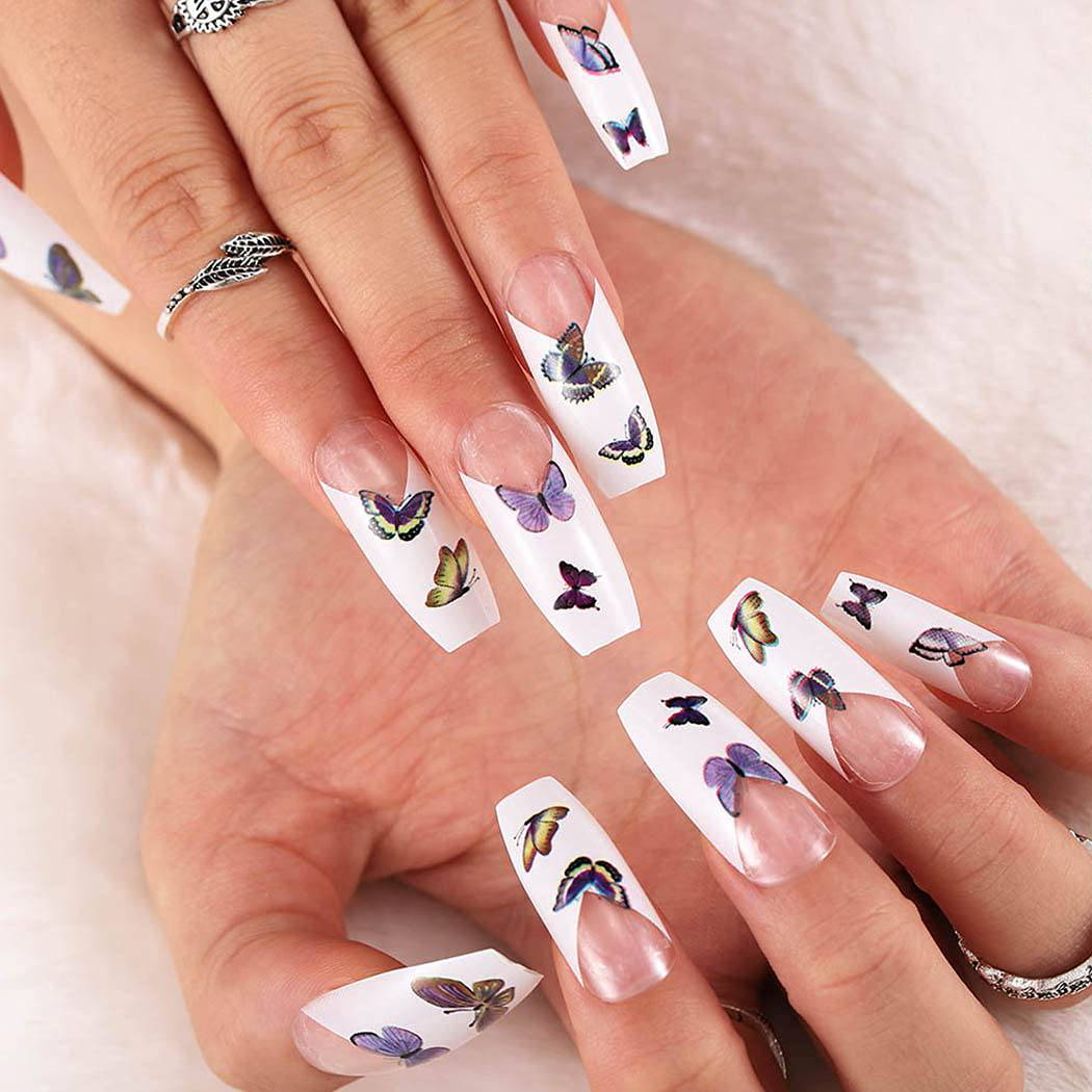 Press On Nails White Glossy French Coffin Butterfly Nail Kit