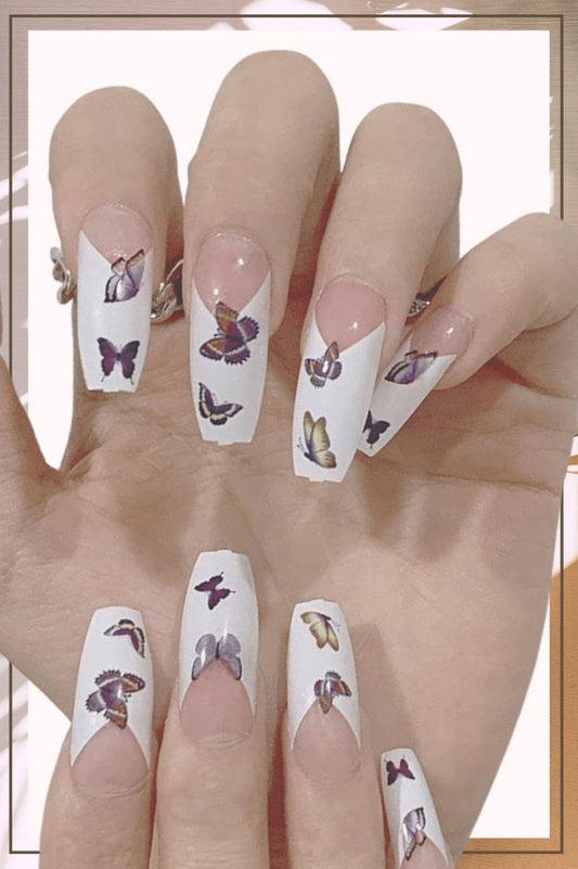 Press On Nails White Glossy French Coffin Butterfly Nail Kit
