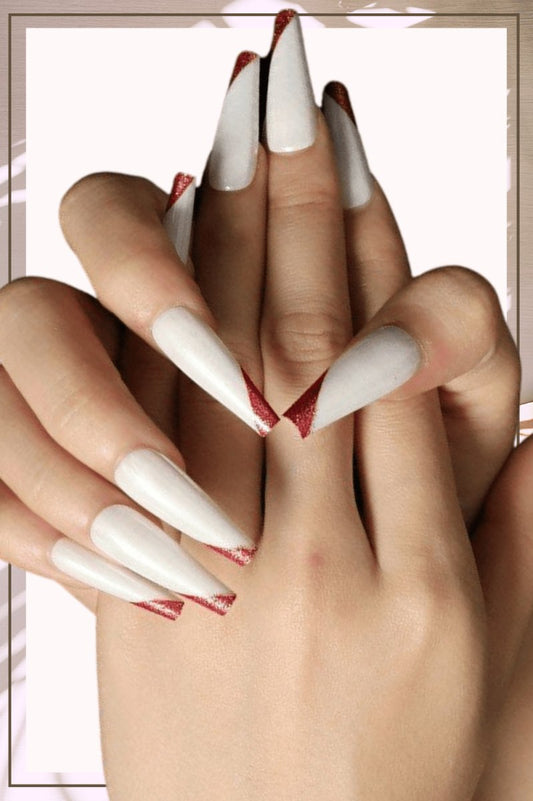 Press On Nails White Glossy Red French Tip Coffin Nail Kit