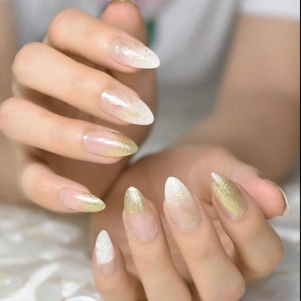 Press On Nails White Ombre Glossy Almond Glitter Nail Kit