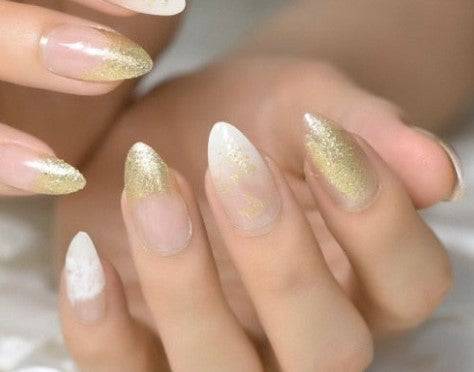 Press On Nails White Ombre Glossy Almond Glitter Nail Kit