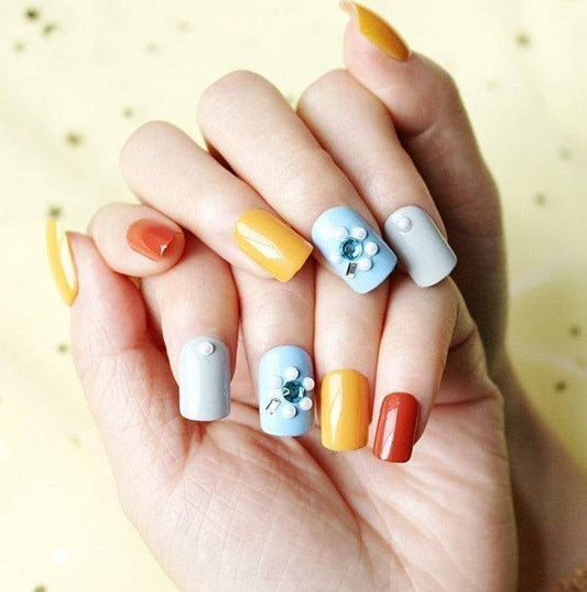 Press On Nails Yellow Glossy Light Blue Square Crystal Nail Kit