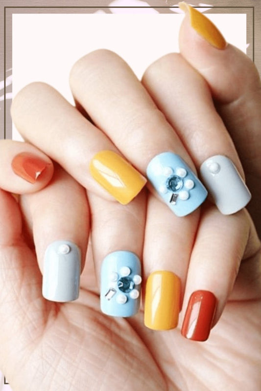 Press On Nails Yellow Glossy Light Blue Square Crystal Nail Kit