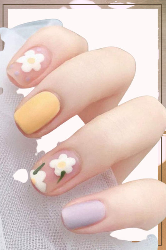 Purple Press On Nails Yellow Glossy Coffin Flower Nail Kit