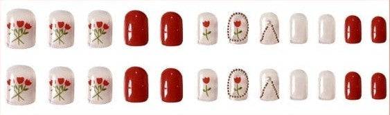 Red Press On Nails Flower Glossy Coffin Crystal Nail Kit