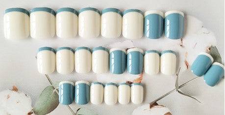 White Press On Nails Blue Glossy French Coffin Nail Kit