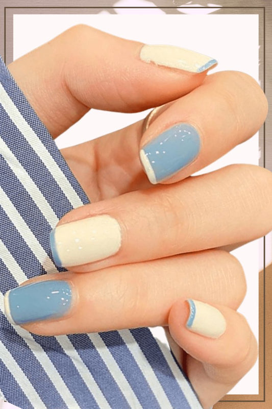 White Press On Nails Blue Glossy French Coffin Nail Kit
