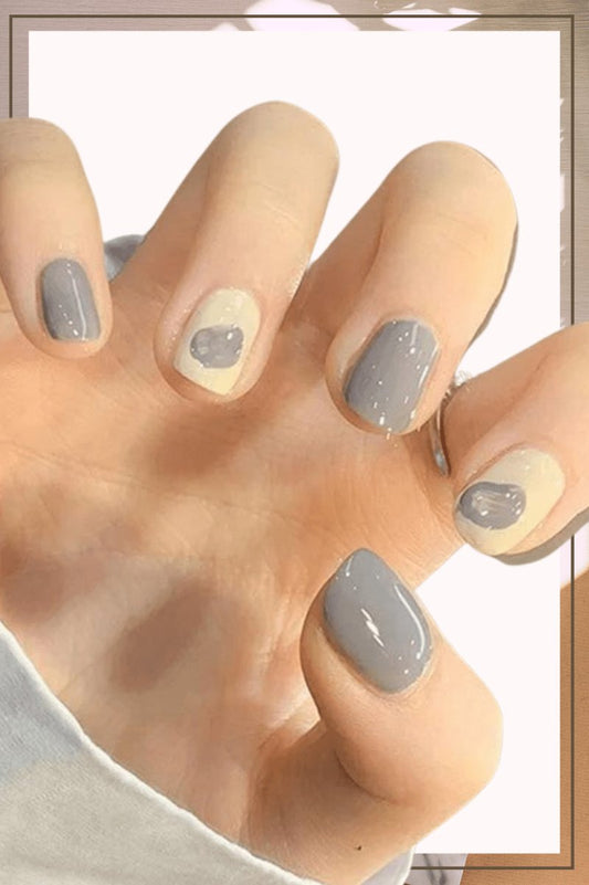 White Press On Nails Gray Glossy Coffin Nail Kit